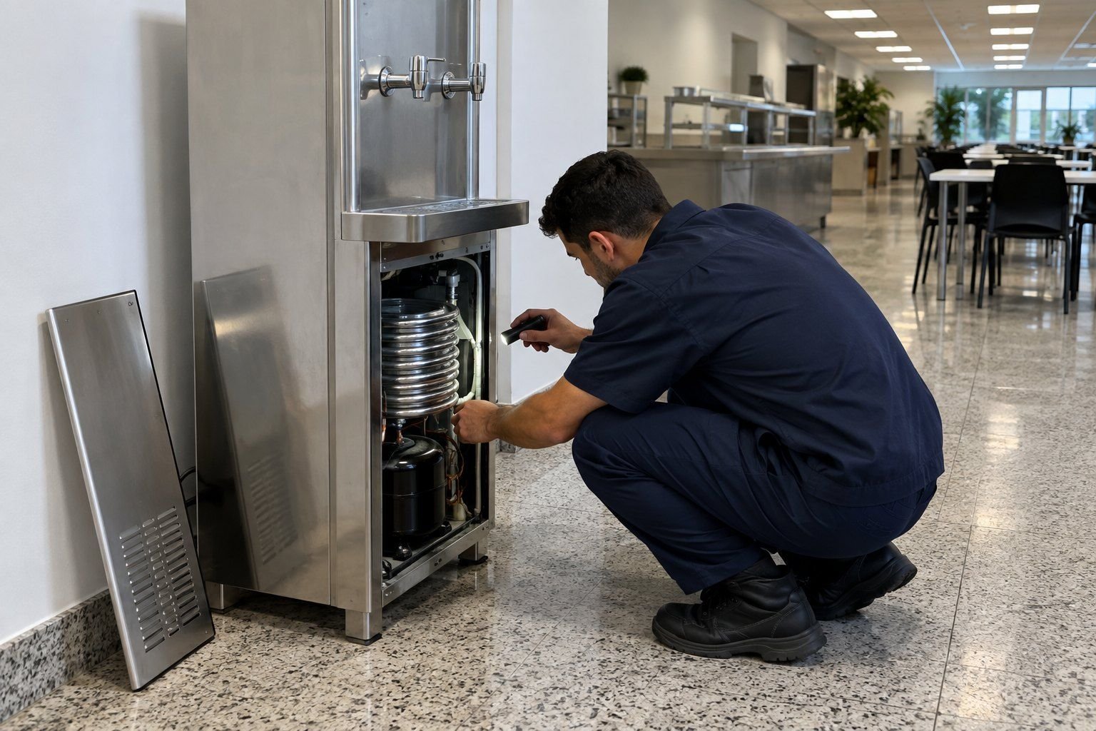 Técnico consertando bebedouro